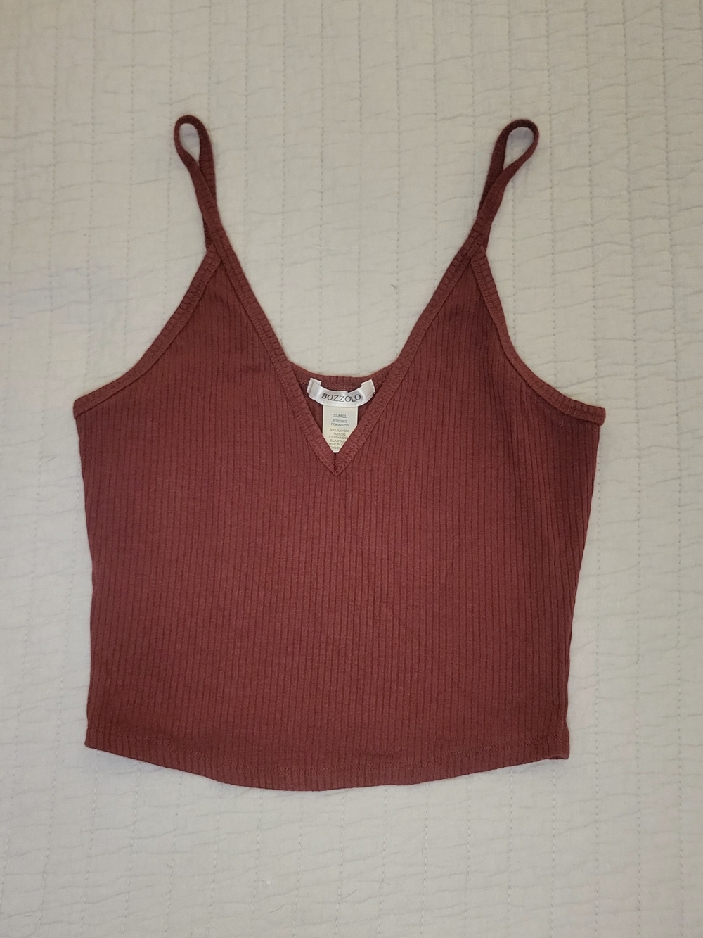 Bozzolo Ribbed V-Neck Spaghetti Strap Crop Top - Rust